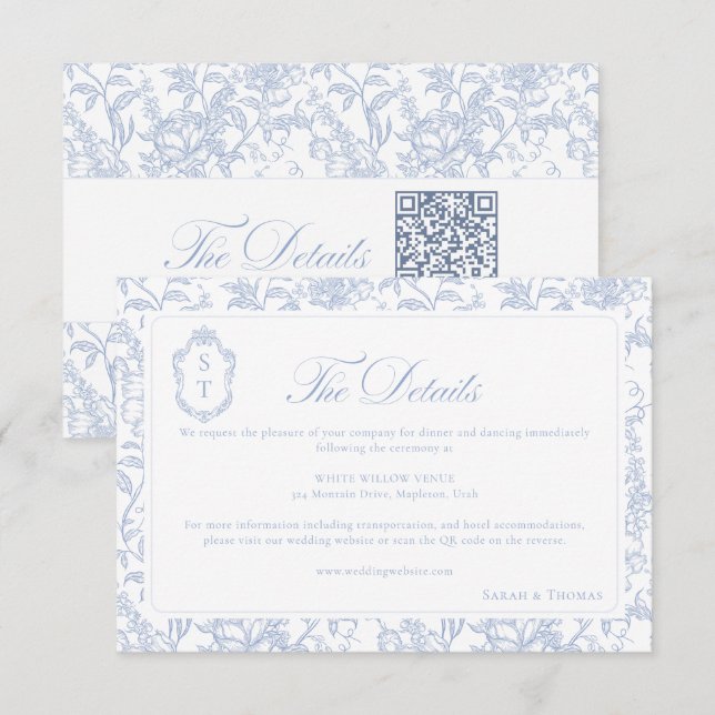 Cartão De Informações Soft Blue Floral Chinoiserie Details QR code (Frente/Verso)