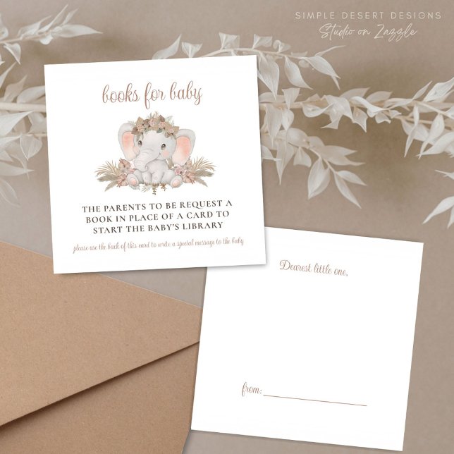 Cartão De Informações Solicitação de Chá de fraldas do Boho Elephant (Boho Baby Shower Book Request Enclosure Cards with Unique Design with Book Label Gift Tag on Back)