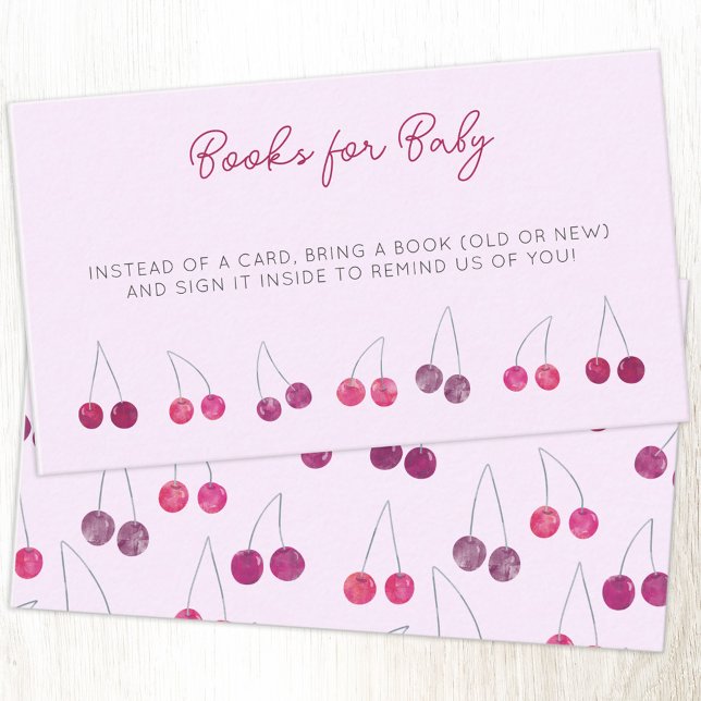 Cartão De Informações Solicitação de Livro de Chás de fraldas Rosa Cherr (Baby shower book request cherry pink watercolor enclosure card)