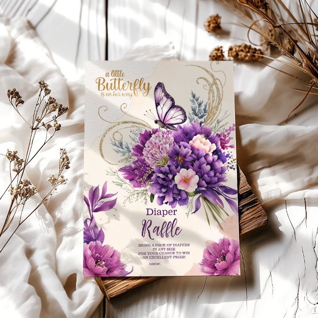 Cartão De Informações Sorteio de Fralda Menina Floral Roxo Borboleta Ros (Criador carregado)