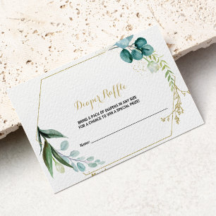 Cartão De Informações Sorteio de Fraldas com Eucalipto Verde e Dourado V