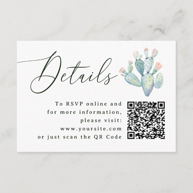Cartão De Informações Southwestern Cactus Wedding Details + QR | Website (Frente)