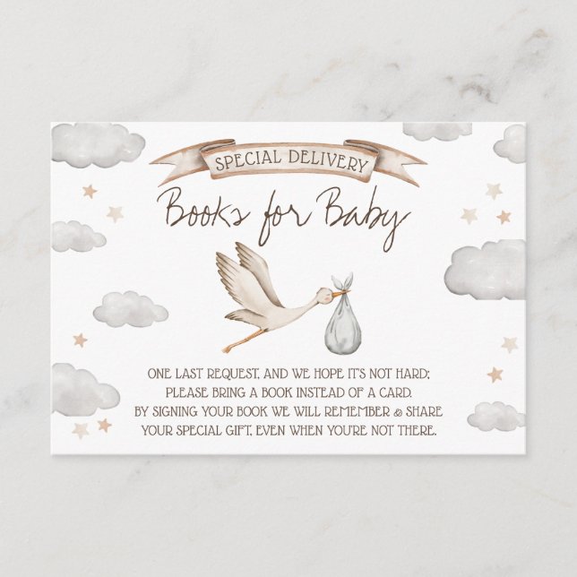 Cartão De Informações Special Delivery! Brown & Tan Stork Books for Baby (Frente)