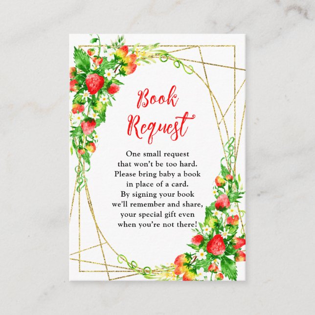 Cartão De Informações Strawberries and Daisies Baby Shower Book Request (Frente)