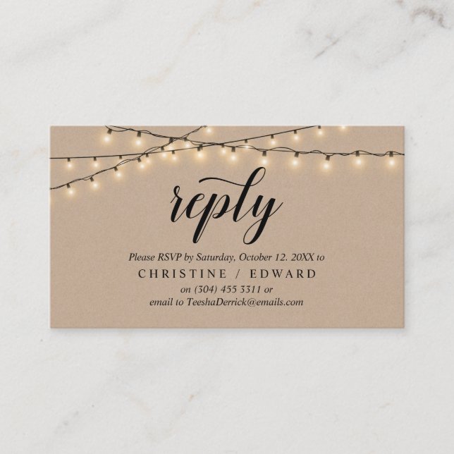 Cartão De Informações String Lights Kraft, Black Script, resposta RSVP (Frente)
