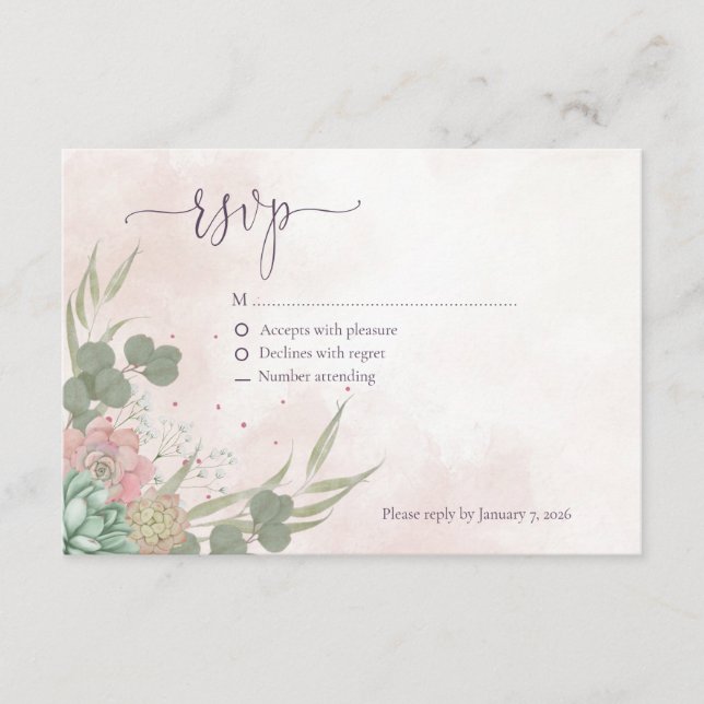 Cartão De Informações Succulent Green and Blush Reply Card (Frente)
