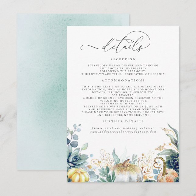 Cartão De Informações Succulents Pumpkins Dourado Deixa Detalhes De Casa (Frente/Verso)