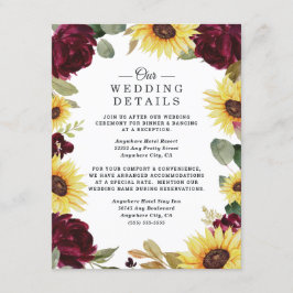 Cartão De Informações Sunflower e Rosas Casamento Russo Vermelho Borgonh