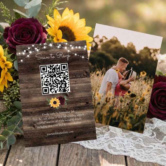 Cartão De Informações Sunflower Roses Wedding QR Code RSVP (Criador carregado)