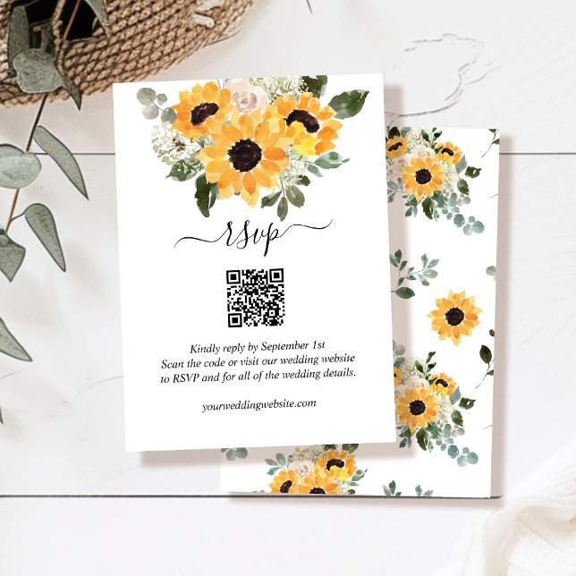 Cartão De Informações Sunflower Sage Greenery Código QR Casamento RSVP (Criador carregado)