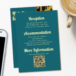 Cartão De Informações Sunflower Teal Blue Gold Modern Wedding QR Code 