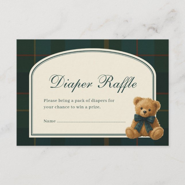 Cartão De Informações Tartan Teddy Bear Baby Shower Diaper Raffle (Frente)
