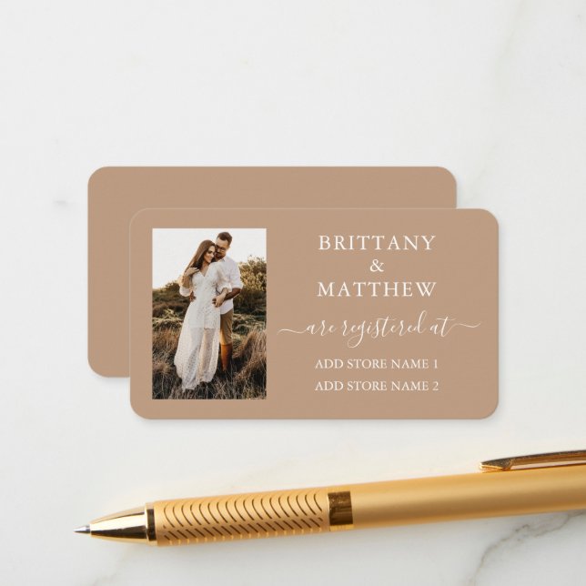 Cartão De Informações Taupe do Registro de Casamento de Fotos da Caligra (Frente/Verso In Situ)