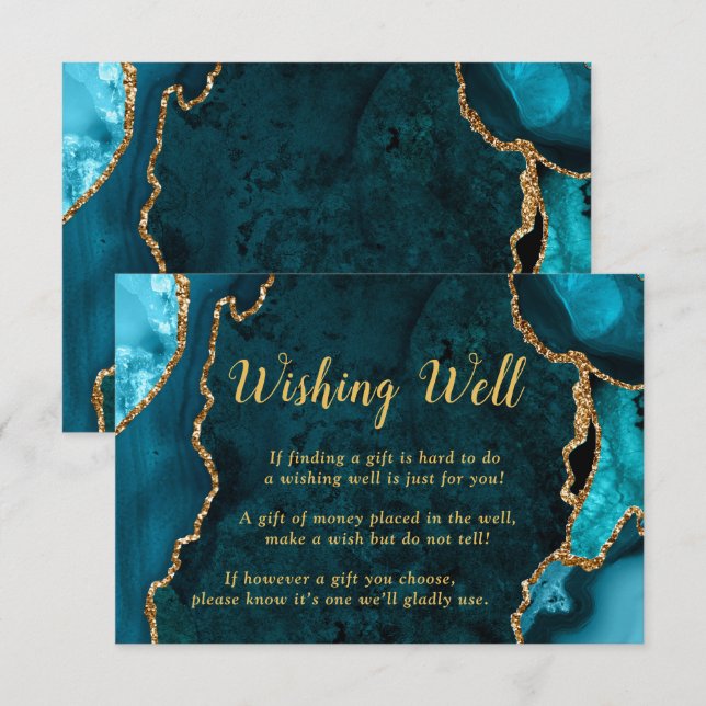 Cartão De Informações Teal Blue and Gold Agate Wedding Wishing Well (Frente/Verso)