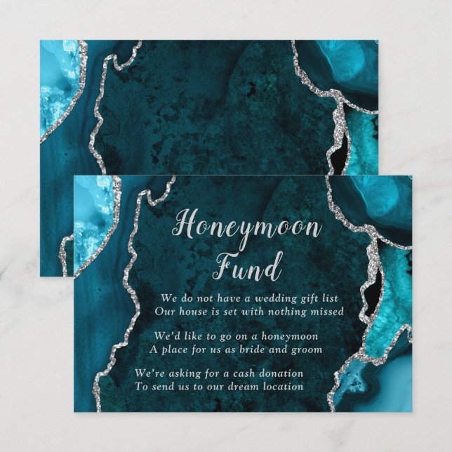 Cartão De Informações Teal Blue and Silver Agate Honeymoon Fund (Frente/Verso)
