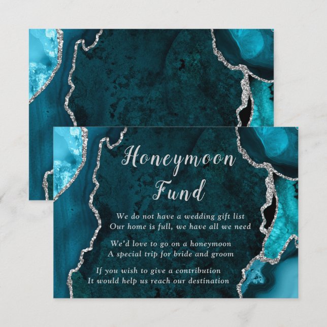 Cartão De Informações Teal Blue and Silver Agate Wedding Honeymoon Fund (Frente/Verso)