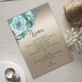 Cartão De Informações Teal Floral Romance Dourado Detalhes do Casamento