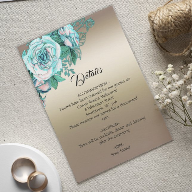 Cartão De Informações Teal Floral Romance Dourado Detalhes do Casamento (Criador carregado)
