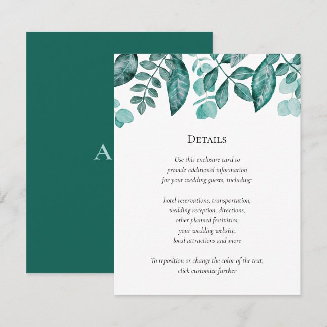 Cartão De Informações Teal Greenery Detalhes Casamento Outras Informaçõe (Frente/Verso)