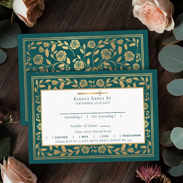 Cartão De Informações Teal Medieval Sword Wedding RSVP (Criador carregado)