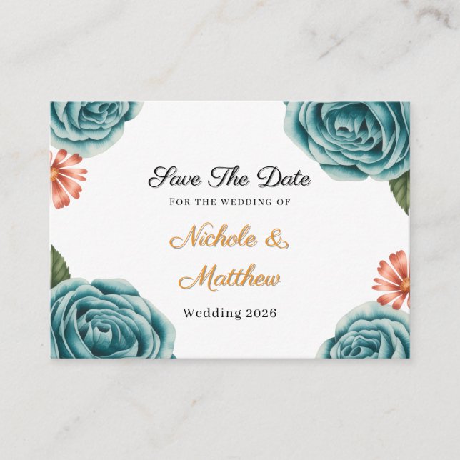 Cartão De Informações Teal Rose & Orange Daisy  Wedding Save The Date (Frente)