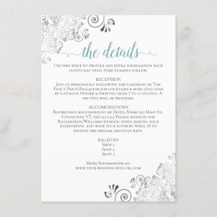 Cartão De Informações Teal Silver Frills sobre Casamento Branco