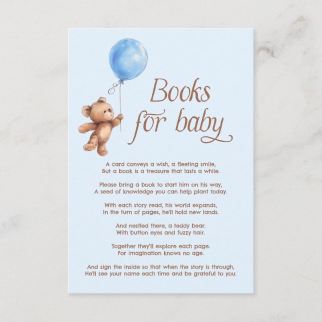 Cartão De Informações Teddy Bear Blue Boy Books para bebê (Frente)