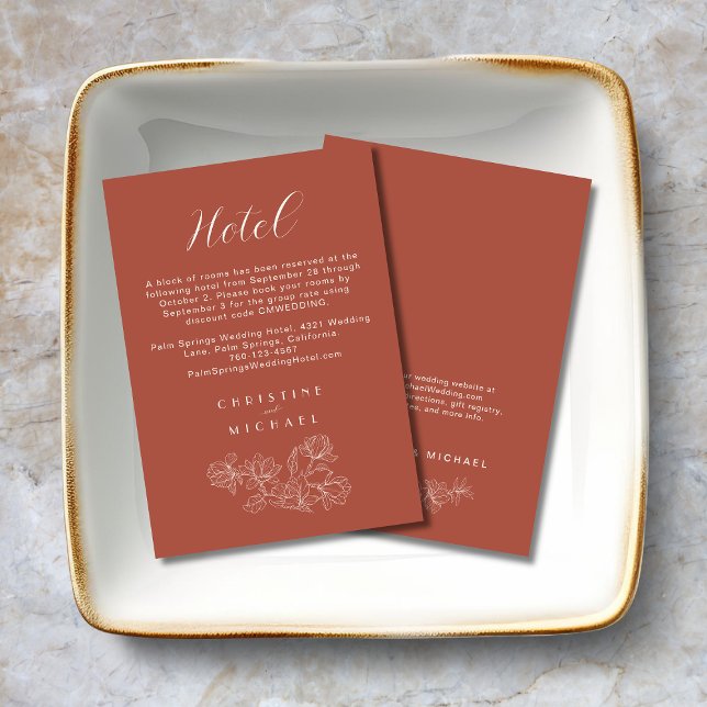 Cartão De Informações Terracota Floral Elegante Hotel de Casamento (Terracotta Floral Wedding Hotel Enclosure Card with Magnolia Line Art, ivory wording and graphics.)