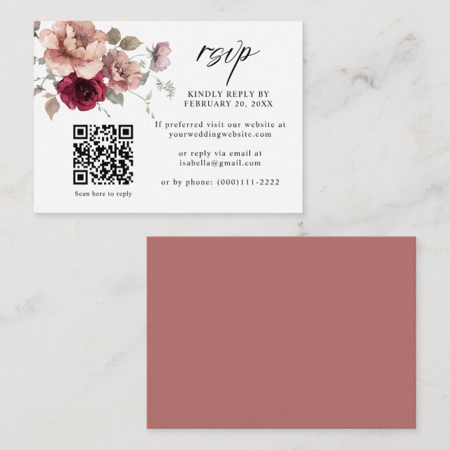 Cartão De Informações Terracotta Burgundy Código Floral QR Casamento RSV (Frente/Verso)