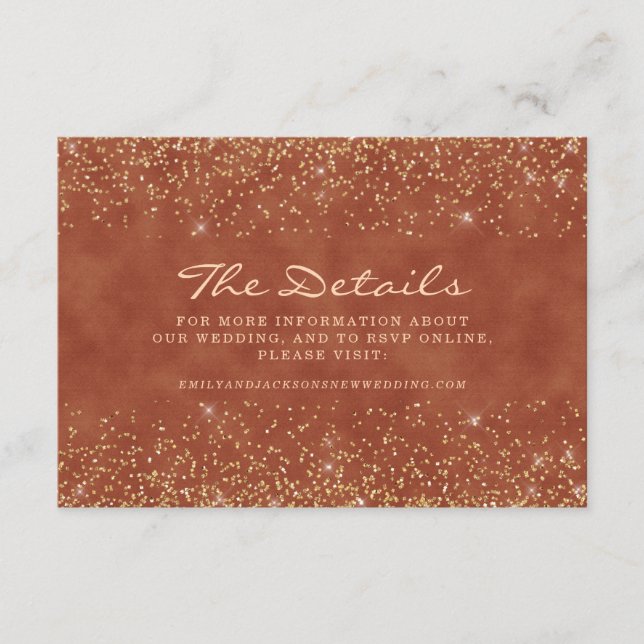 Cartão De Informações Terracotta Dourada Detalhes do Casamento com Lusas (Frente)