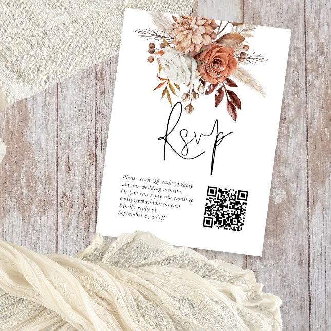 Cartão De Informações Terracotta Florals QR Code Weding RSVP Card (Criador carregado)