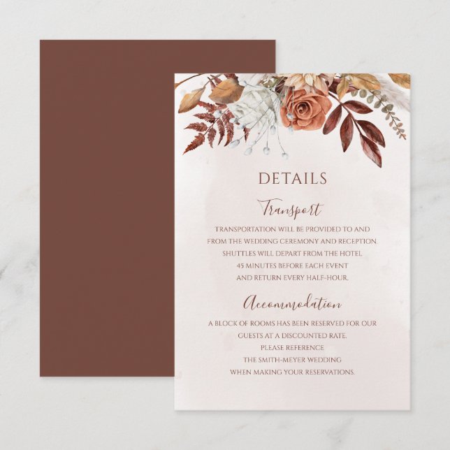 Cartão De Informações Terracotta Rust Flowers Detalhes do Casamento outo (Frente/Verso)