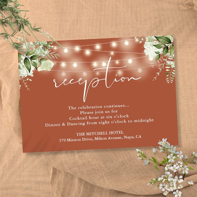 Cartão De Informações Terracotta String Lights Floral Recepção de casame (Terracotta String Lights Floral Wedding Reception Enclosure Card)