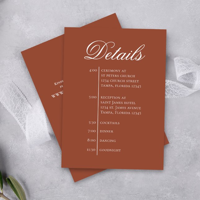 Cartão De Informações Terracotta Wedding Timeline Details Simple RSVP (Terracotta Wedding Invitation Enclosure Card with simple timeline.)