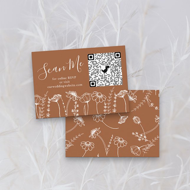 Cartão De Informações Terracotta Wildflower Sketch Online RSVP Código QR (QR Code RSVP Card without Photo in Terracotta Burnt Orange, from my Wildflower Sketch collection)
