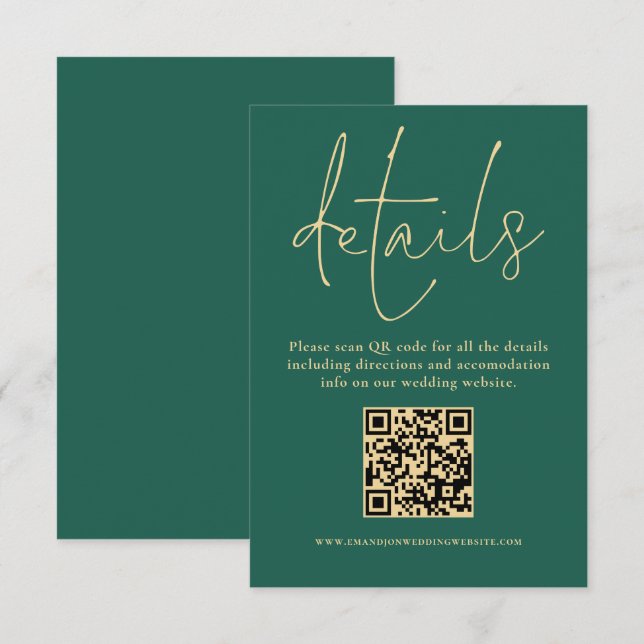 Cartão De Informações Texto Dourado Código QR Casamento Detalhes do Verd (Frente/Verso)