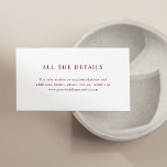 Cartão De Informações Texto elegante vermelho branco e escuro | Pormenor<br><div class="desc">Esses cartões de escuta de detalhes minimalistas e elegantes apresentam um texto vermelho escuro,  marrom sobre fundo branco,  para uma aparência simples e na moda. Basta digitar os detalhes sobre acomodações de hotel,  direções de condução e outras informações importantes para seus convidados.</div>