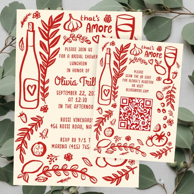 Cartão De Informações That's Amore Italian Food CUSTOM Bridal Shower QR (That's Amore Italian Food Hand-drawn Doodle CUSTOM Bridal Shower Invitation QR Code Enclosure Card
)
