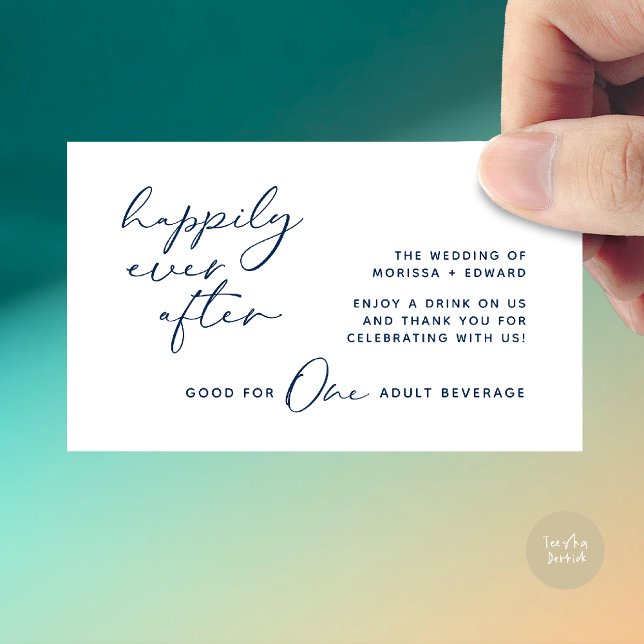 Cartão De Informações Tíquete De Bebida, Bebida Adulta, Festa de casamen (Happily Ever After, Drink Ticket, Adult Beverage, Modern Wedding Party Enclosure Card Navy Blue)