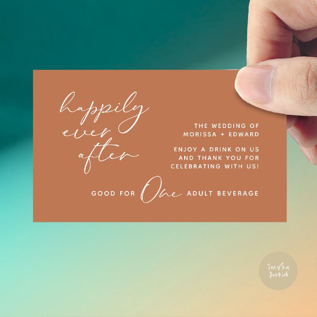 Cartão De Informações Tíquete De Bebida, Bebida Adulta, Festa de casamen (Happily Ever After, Drink Ticket, Adult Beverage, Modern Wedding Party Enclosure Card Copper Brown)