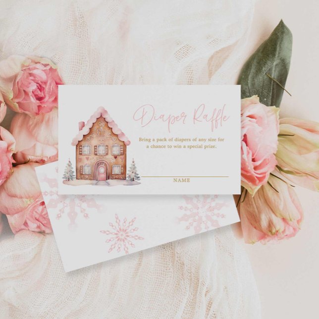 Cartão De Informações Tíquete de Raffle, Fralda de Natal Rosa (Pink Winter Gingerbread House Baby shower Diaper Raffle Ticket)