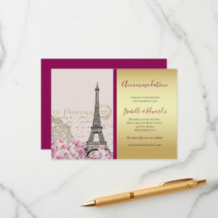 Cartão De Informações Torre Eiffel Vintage Flores Rosa Dourado Borgonha