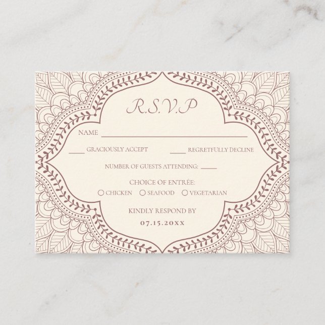 Cartão De Informações Tradicional Beige Mehndi Indian Hindu Wedding RSVP (Frente)