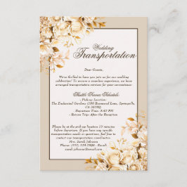 Cartão De Informações Transporte de Noiva Floral Elegante em Ouro e Marf