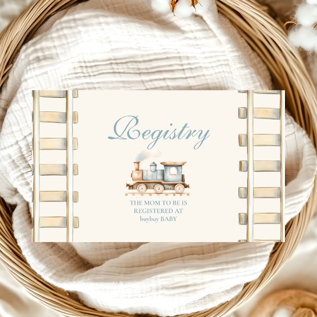 Cartão De Informações Trem em Aquarela Azul Chá de Bebê Lista de Present (Criador carregado)