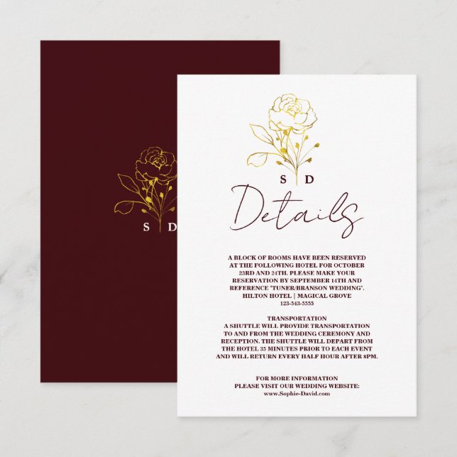 Cartão De Informações Trendy Deep Burgundy Gold Monogram Wedding Details (Frente/Verso)
