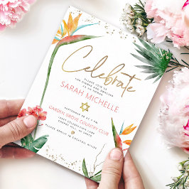 Cartão De Informações Tropical Bat Mitzvah Dourada Script Floral Waterco