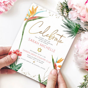 Cartão De Informações Tropical Bat Mitzvah Dourado Script Flora Aquarela
