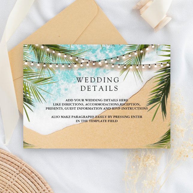 Cartão De Informações Tropical Beach Palm String Lights Wedding Details (Criador carregado)