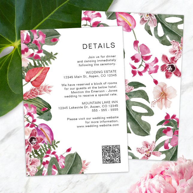 Cartão De Informações Tropical Floral Colorida (Colorful Tropical Floral Watercolor Enclosure Card QR Code by Painted Paperie
)